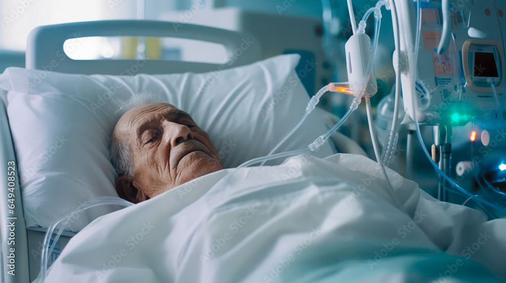 Old Man patient lies in coma in the bed of a geriatric center. Patient in hospital bed maintains life artificially with a machine. Generative Ai - obrazy, fototapety, plakaty 