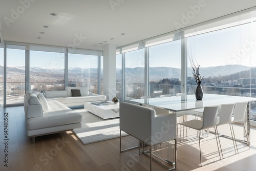 Contemporary apartment interior, living and dining area with panoramic view. Generative AI © Aisha