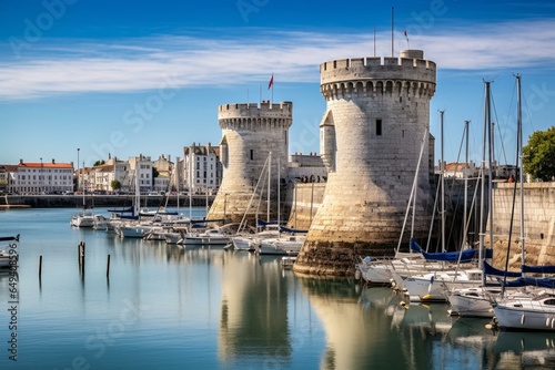 Medieval towers in La Rochelle harbor, France, on the West Atlantic coast during summer. Generative AI