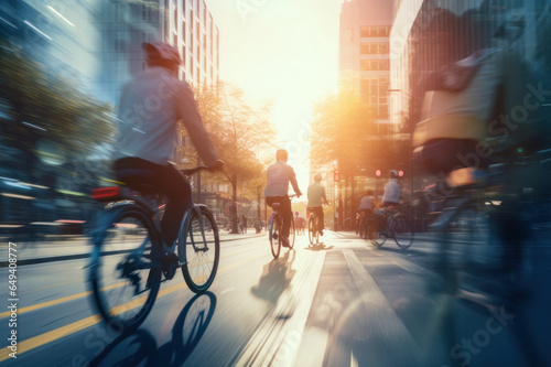 Urban Cyclists in Action: Embracing eco-friendly commuting, people on bikes blur through the city streets, a dynamic portrayal of healthy, sustainable living. © VK Studio
