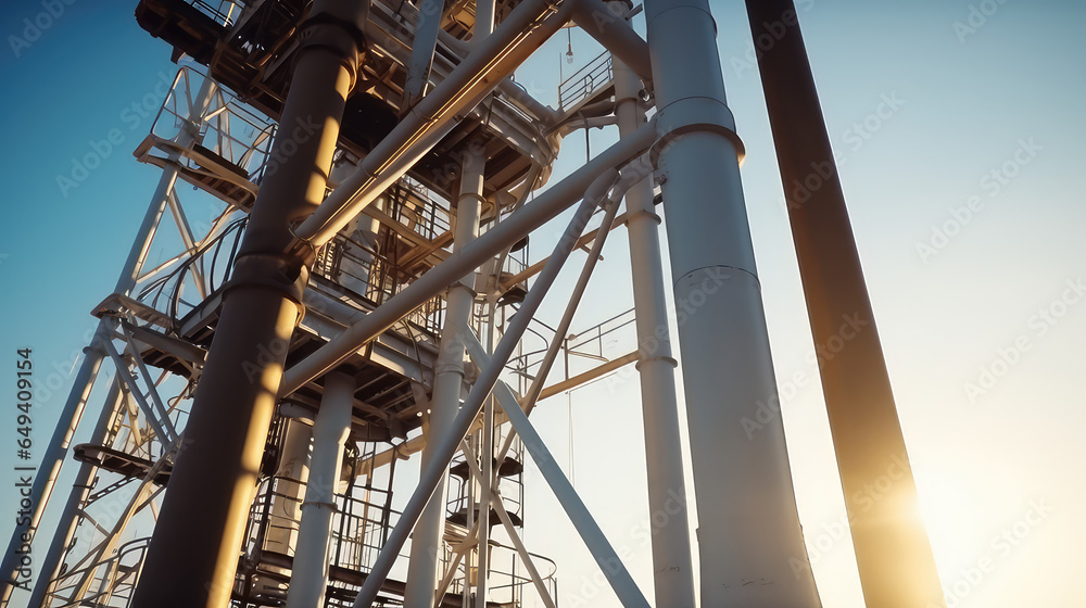 Closeup of outdoor Gas tower. View of a tall gas tower with standing gas lines and valves. Closeup of outdoor Gas tower. View of a tall gas tower with standing gas lines and valves.