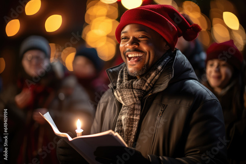A person documents the festive scene of carolers singing and spreading cheer in the neighborhood, embracing the tradition of sharing music during the holiday season. Generative Ai.