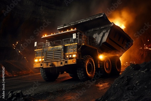 Coal mining truck transporting mineral at industrial site. Generative AI
