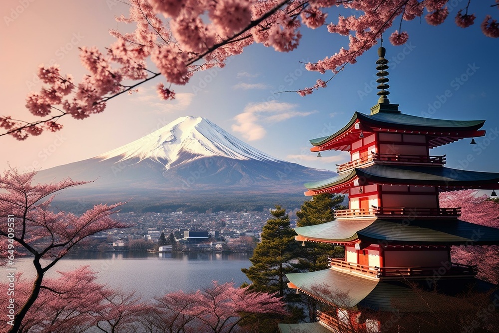Beautiful scenery with Mt. Fuji, pagoda, and cherry blossoms. Generative AI