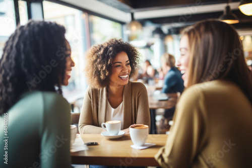 Happy smiling female friends sitting in a café laughing and talking during a lunch break