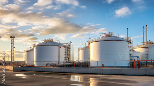 Natural Gas Tank. Large vessels or tanks filled with natural gas at a natural gas processing plant. Bright blue sky, nobody.