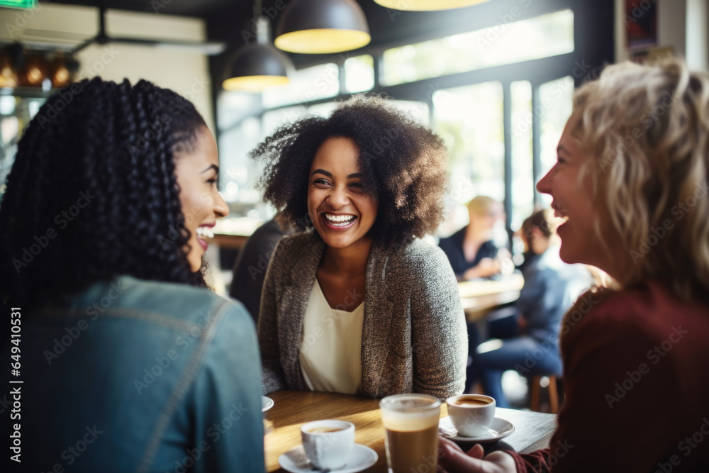 Happy smiling female friends sitting in a café laughing and talking during a lunch break Happy smiling female friends sitting in a café laughing and talking during a lunch break