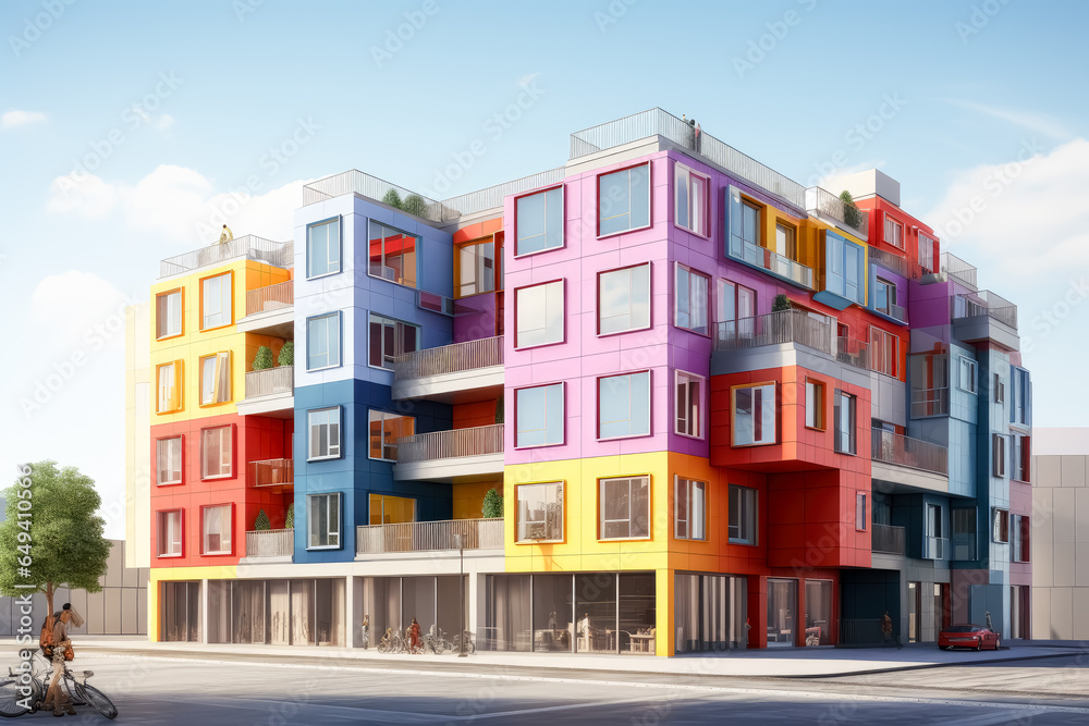 Colorful buildings for renting, in the style of modular, coloristic, colorful building with concrete blocks on each floor.