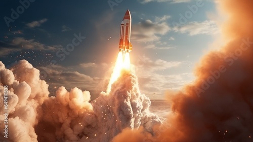 A rocket, enveloped in a plume of smoke and blast, embarks on a journey towards the Red Planet, Mars. This signifies the concept of a spacecraft taking off for interplanetary exploration, symbolizing 