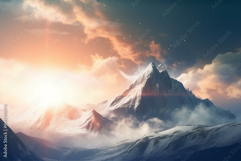Digital illustration of a breathtaking landscape. Huge mountain and clouds with sun and snow. Generative AI