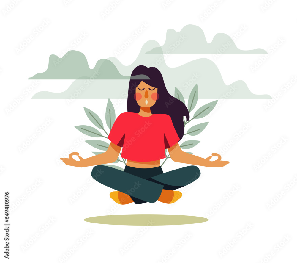 Meditation time. A girl is meditating, eyes closed, calm mind. Vector illustration separated on a white background.
