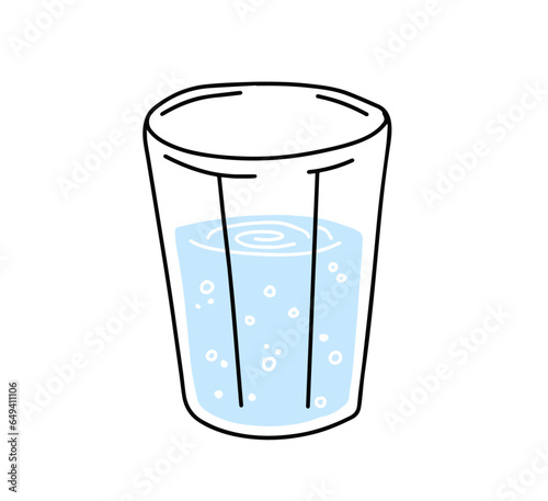 Glass of water. Refreshing drink. Doodle outline cartoon. Trendy modern illustration. Blue liquid cup