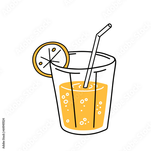 Orange juice. Glass of fresh drink. Trendy outline cartoon. Thirst quenching and summer cocktail