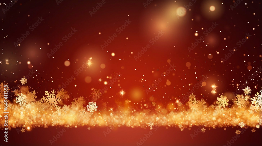 stockphoto, copy space, Gold Christmas and New Year Typographical on red Xmas background with winter landscape with snowflakes, light, stars. Merry Christmas card. Illustration. Gold and red.