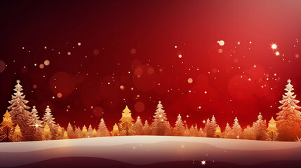 stockphoto, copy space, Gold Christmas and New Year Typographical on red Xmas background with winter landscape with snowflakes, light, stars. Merry Christmas card. Illustration. Gold and red.