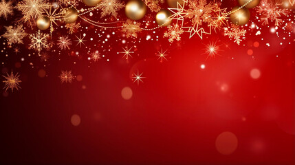 stockphoto, copy space, Gold Christmas and New Year Typographical on red Xmas background with winter landscape with snowflakes, light, stars. Merry Christmas card. Illustration. Gold and red.