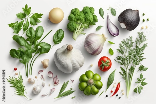 Vegetables, herbs and spices on white background, top view