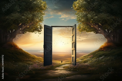 An open door leads to a path in a scenic landscape symbolizing fate, journey, and career. Generative AI