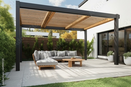 Fototapete Modern patio featuring a 3D-rendered pergola on an outdoor terrace