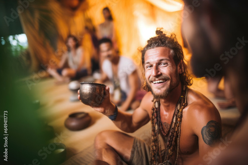 Ayahuasca drinking ceremony. Young man holding a cup with Ayahuasca drink in Ibiza yoga centre photo
