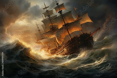 17th century naval ships navigating turbulent seas. Generative AI photo