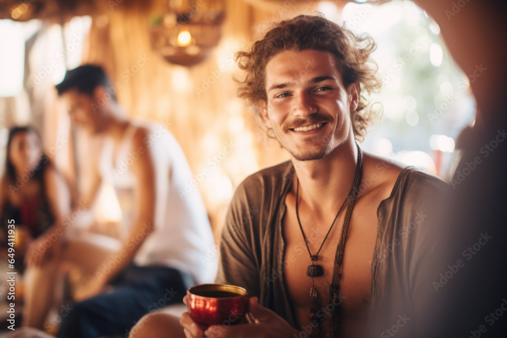 Ayahuasca drinking ceremony. Young man holding a cup with Ayahuasca drink in Ibiza yoga centre - obrazy, fototapety, plakaty 