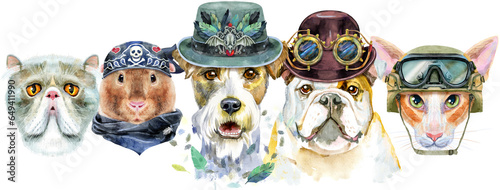 Border from watercolor portraits of dogs, guinea pig and cats