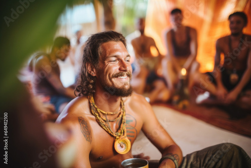 Ayahuasca drinking ceremony. Young man holding a cup with Ayahuasca drink in Ibiza yoga centre