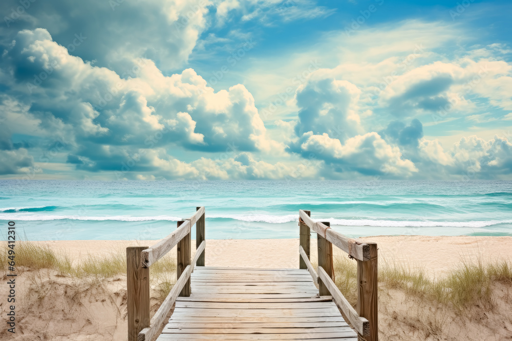 a wooden pier leading to the beach in a sunny day, wooden boardwalk leading to shore. 