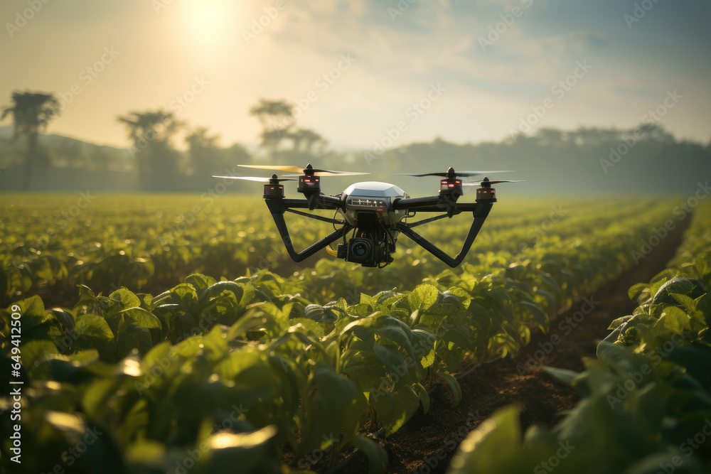 Autonomous drones monitoring crop health on a large agricultural field. Generative Ai.