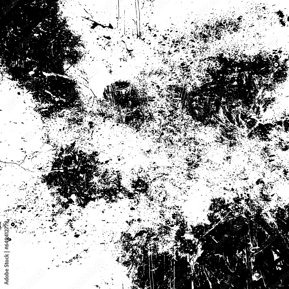 Fototapeta premium Abstract black splattered grunge backdrop. Pattern of spots, stains, ink, dots. Damaged backdrop. Vintage texture. Distressed dirty artistic design element for web, print, social media, banner