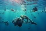 Ocean pollution: floating garbage bags and plastic debris. Generative AI