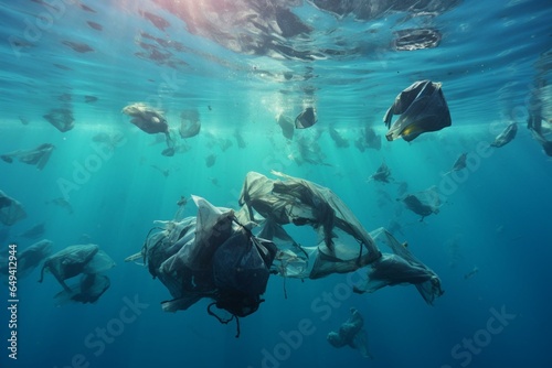 Ocean pollution: floating garbage bags and plastic debris. Generative AI © Caledonia