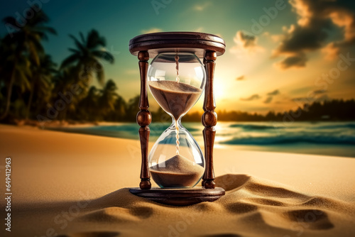 Sand hourglass on the beach with sunset. 