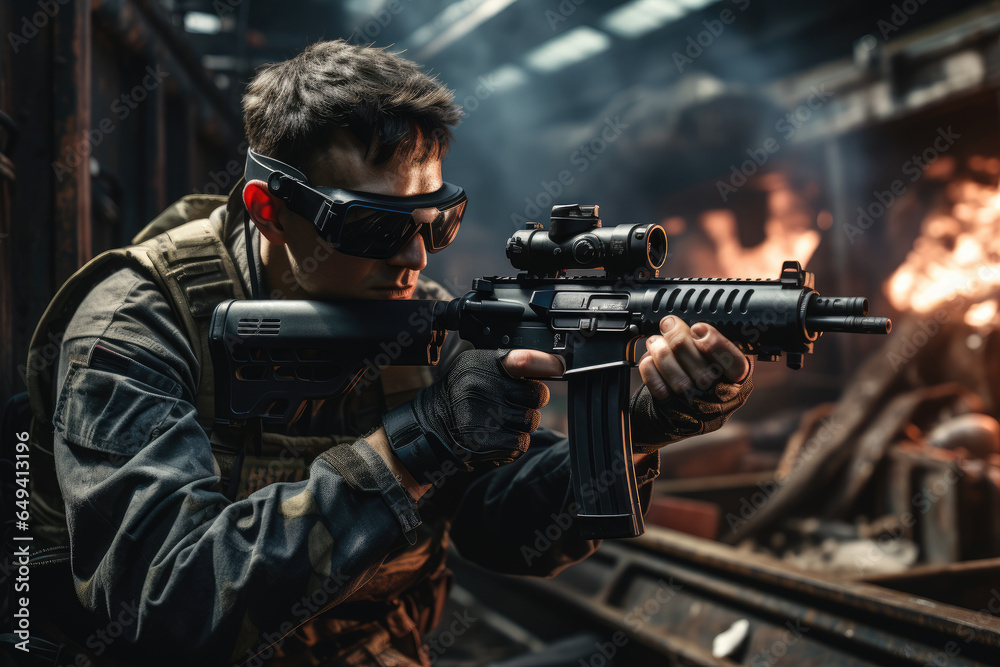 A professional gamer practicing precision aiming in a first-person shooter. Generative Ai. A professional gamer practicing precision aiming in a first-person shooter. Generative Ai.