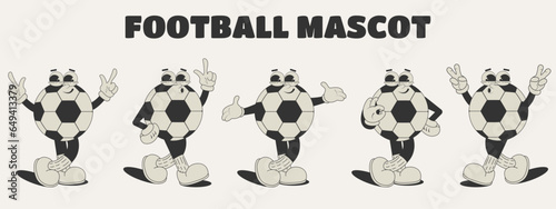 A monochrome set of isolated soccer ball mascots with different hand gestures. Elements for the design of posters, flyers on a football theme. Vector illustration in a cartoon retro style of the 50s.