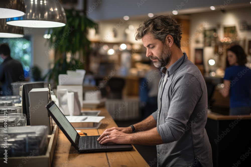 A small business owner multitasking at a busy cash register. Generative Ai. A small business owner multitasking at a busy cash register. Generative Ai.