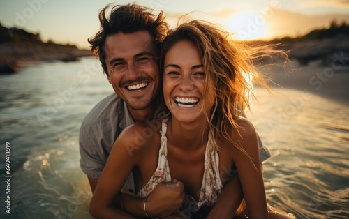 Couple on a beach fun while laughing on sunset nature adventure and summer vacation. Generative AI