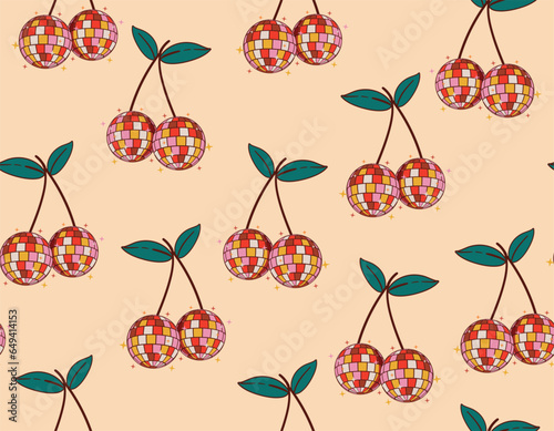 Cool mirror cherries Seamless groovy pattern with Fototapet