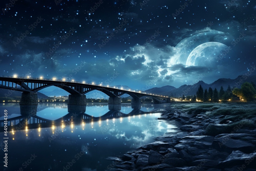Naklejka premium Bridge over river at night. Generative AI