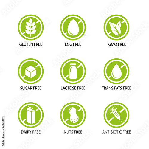 Gmo free, sugar, dairy, lactose, antibiotic, gluten free icon set. Set of allergen signs. Green dietary food symbol. vector illustration.