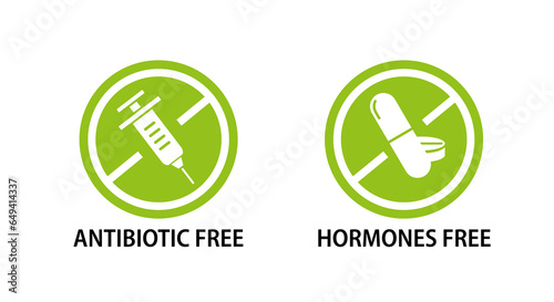 Antibiotics, hormones free icon. Certificate of natural, health without any drugs food for chicken, beef, pork package. Label of eco, bio products. vector illustration.