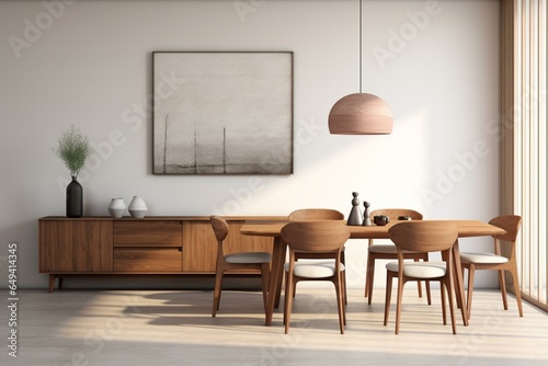 A contemporary dining area with a blank wall display and simplistic style. Showcasing wooden furnishings and abundant room for text. Visualized 3D. Generative AI
