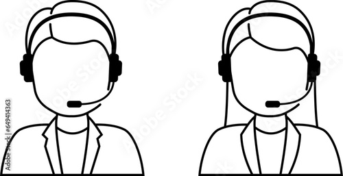 Customer service line icon. Male and female person with handphone in callcenter. Hotline support assistance. Advisors with headset on helpline. vector illustration.