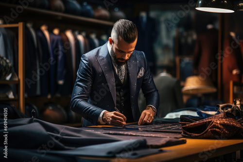A tailor crafting a custom suit with meticulous attention to detail. Generative Ai.