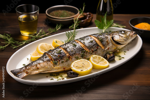 Whole Roasted Branzino  a whole Mediterranean sea bass roasted to perfection  stuffed with fresh herbs and served with a drizzle of olive oil and lemon