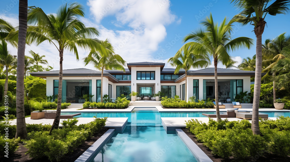 This stunning newly built Florida house boasts exquisite palm trees and a beautifully designed landscaped garden close to the beach.ai generative