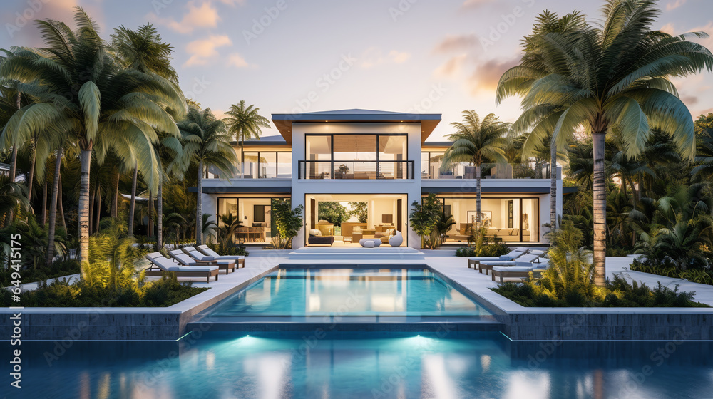 This stunning newly built Florida house boasts exquisite palm trees and a beautifully designed landscaped garden close to the beach.ai generative - obrazy, fototapety, plakaty 