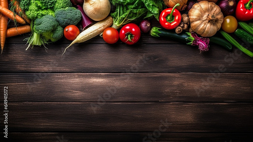 Table en bois avec légumes, vue de dessus, avec place pour texte