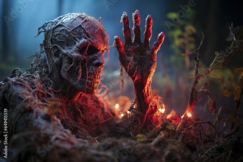 In a spooky forest, the undead rise with a Halloween theme. Zombies emerge from the darkness, creating a creepy and scary scene filled with horror and fantasy photo